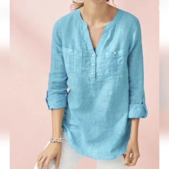 Talbots Tops - Talbots 100% Linen Tunic Top Women's 2XL Blue Long Sleeve Roll Tab Minimalist